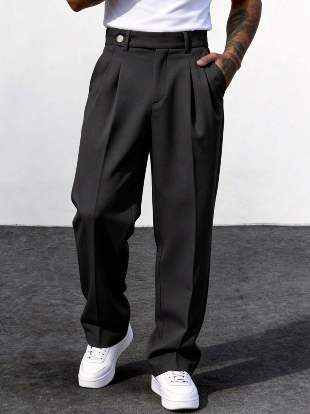 Black Casual Men's Plain Zip Fly Regular Fit Lined Straight Leg Trousers